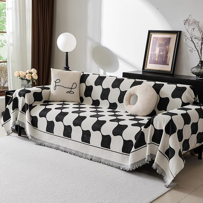 MEETSKY Couch Cover Sofa Covers Washable Simple Modern Black Triangle Plaid by MEETSKY
