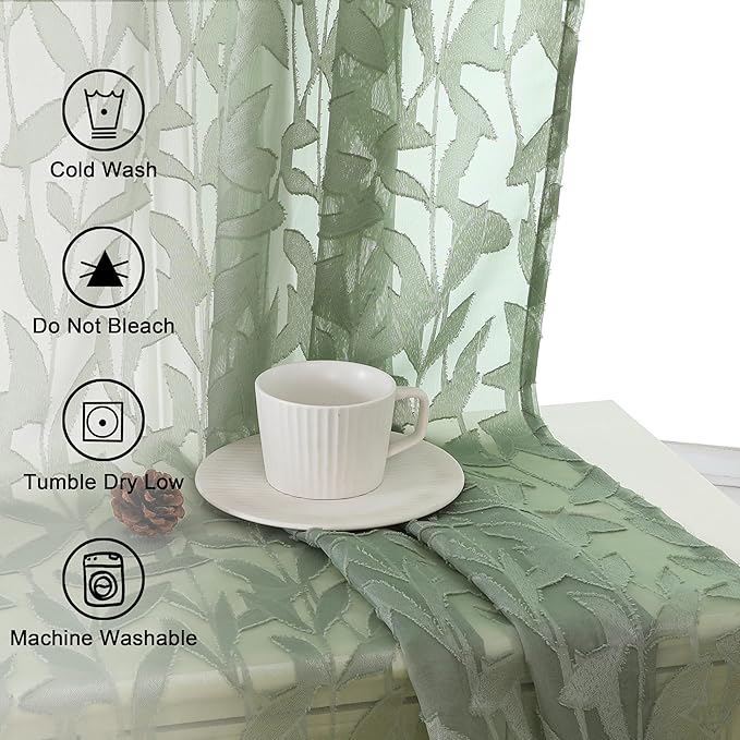 Lecloud Leia 2 Panels Sheer Sage Green Curtains 96 Inches Long, Patio - Image 8
