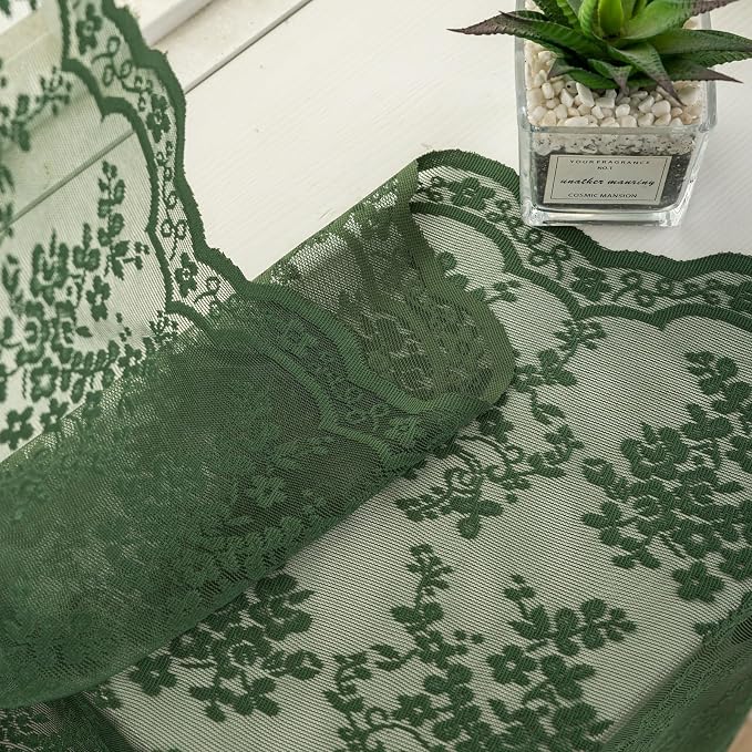 YJ YANJUN Vintage Lace Curtains 63 Inch Length-Victorian Floral Dark Olive - Image 5