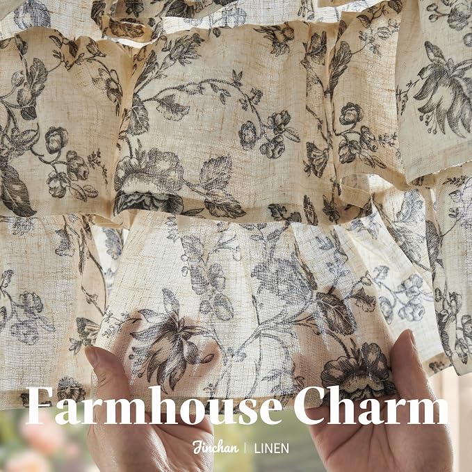 jinchan Amlie Ruffled Floral Valance Curtain Shabby Chic Linen Kitchen Valance - Image 6