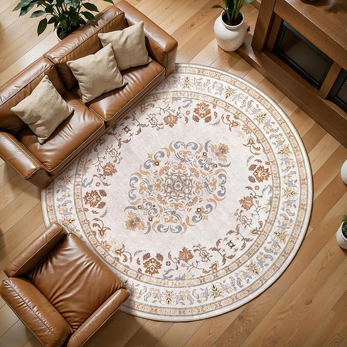 Tangsoo Vintage Round Rug 5ft Washable Circle Rug, Non Slip Small Beige Round by Tangsoo