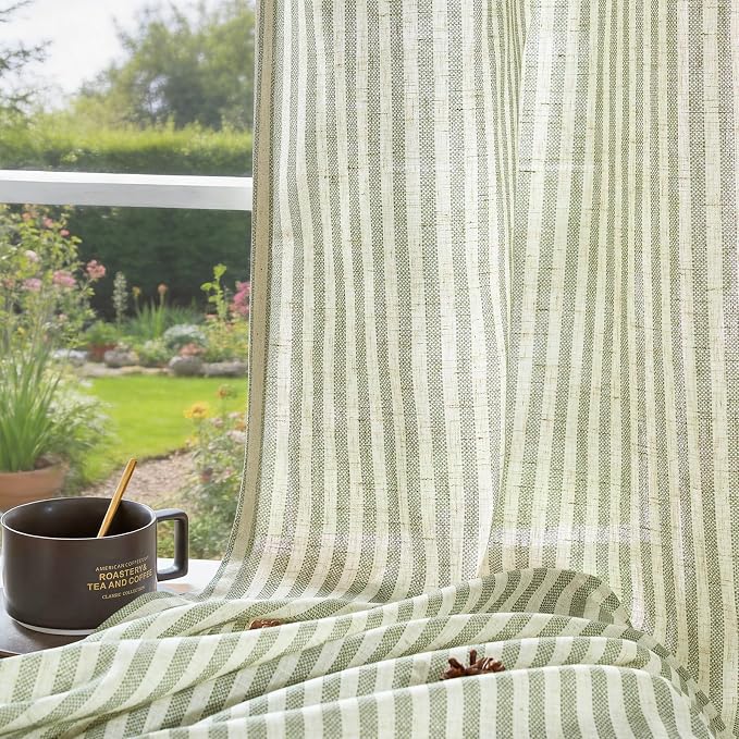 jinchan Linen Curtains for Living Room Green on Beige Striped Curtains for - Image 7