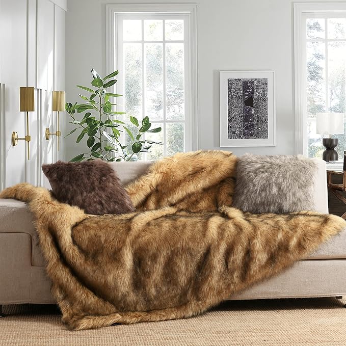 Luxury Plush Faux Fur Blanket Queen Size, Long Pile Golden Yellow - Image 3