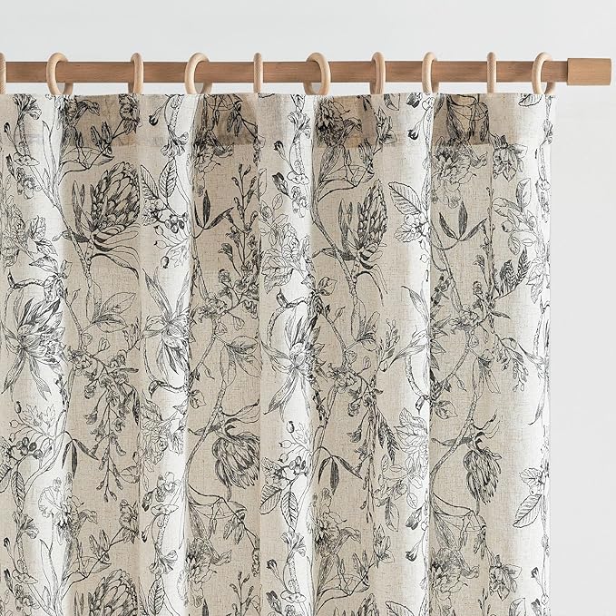 jinchan Floral Curtains 63 Inch Length Black Flower Linen Farmhouse Curtain by JINCHAN