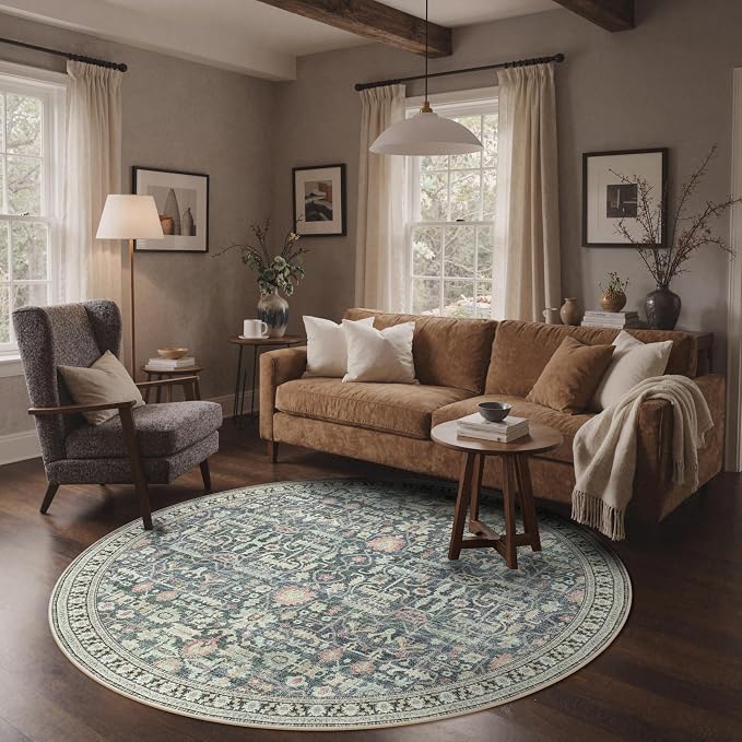 Bavni Round Rug 5ft-Machine Washable Area Rugs Non-Slip - Image 7