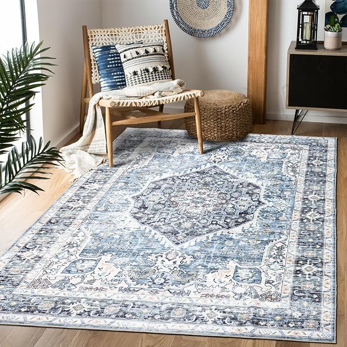 Area Rug 5×7, Vintage Boho Rug, Ultra-Soft Low Pile, Non Slip, Stain Resistant by DomitapisRug
