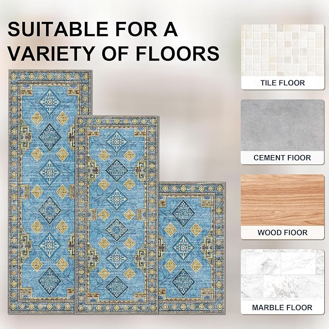 Tritard 100% Non Slip Kitchen Rugs Sets of 3 Washable Boho Kitchen Mats - Image 4