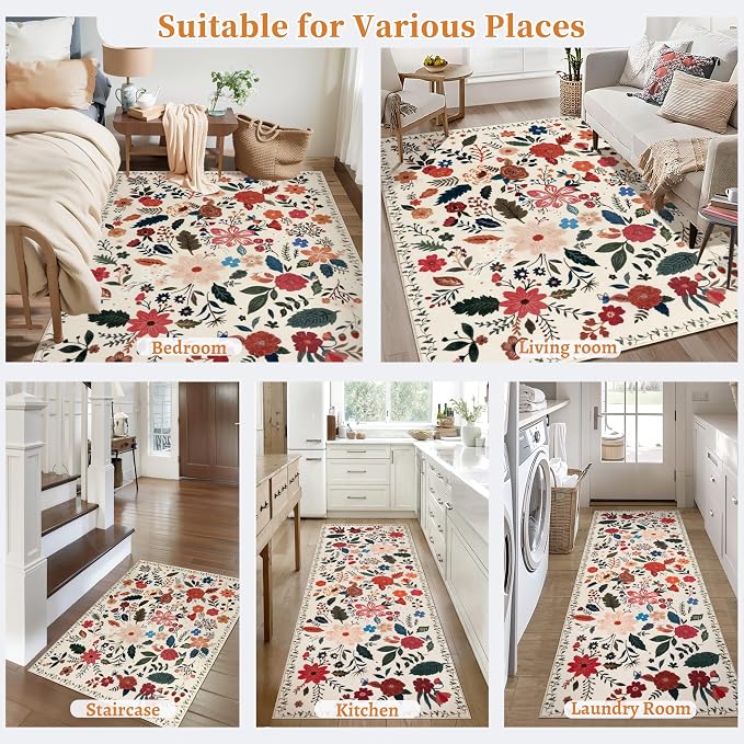 Tangsoo Runner Rug for Hallways Kitchen Rug, Non Slip 2x6 Washable Boho Floral - Image 7