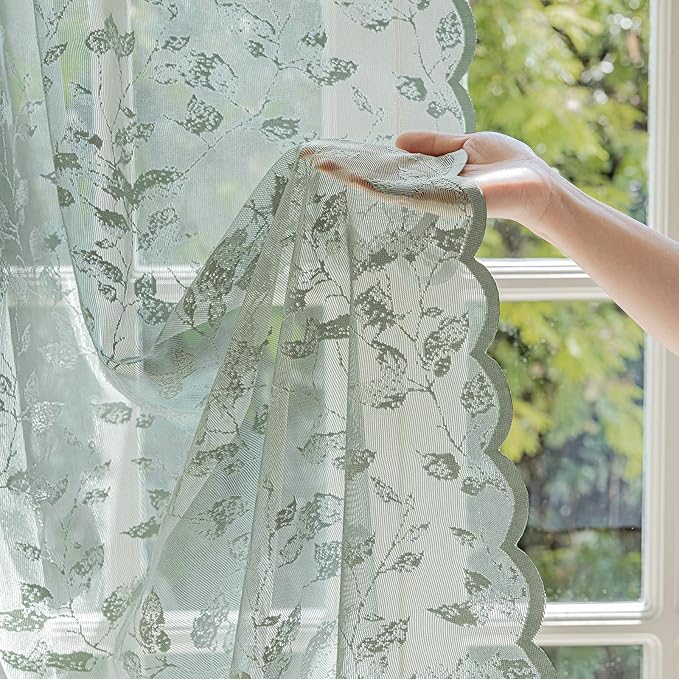 Rinwoc Sage Green Lace Semi-Sheer Valance Curtains – Vintage Leaf Lace Tier - Image 7