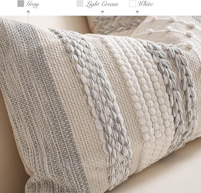 BlissBlush Gray Boho Decorative Throw Pillow Cover 20x20 Square Farmhouse - Image 3