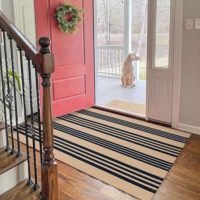 KOZYFLY Striped Front Door Mat 3x5 Ft Brown and Black Front Door Rug Cotton - Image 2