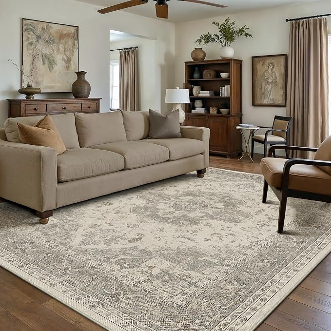 PureCozy 6x9 Washable Area Rug Beige Grey Vintage Distressed Large Rug by PureCozy