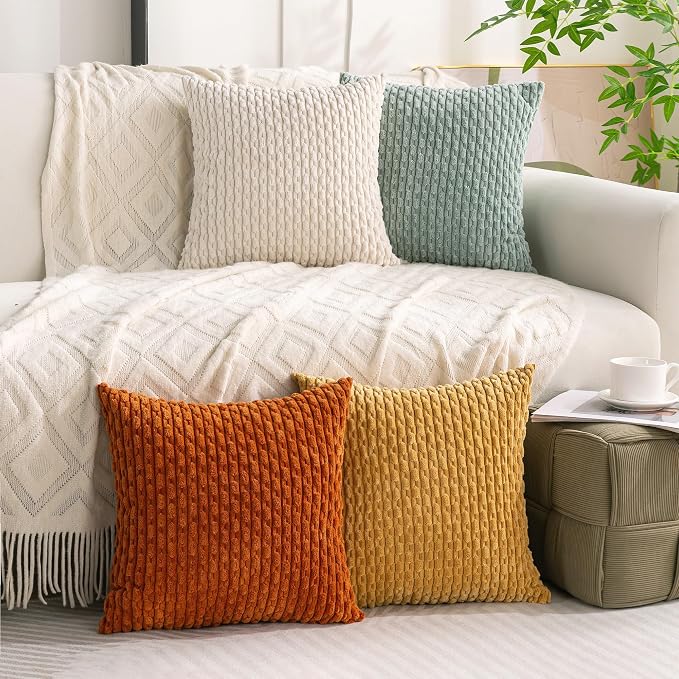 Set of 4 Yellow Rust Aqua Decorative Throw Pillow Covers 18x18 Inch Corduroy - Image 2