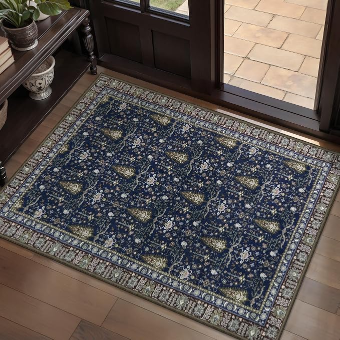 Tangsoo 2x3 Small Washable Entry Rug, Vintage Boho Blue Floral Rug by Tangsoo