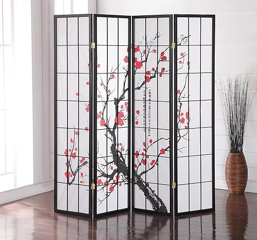 Roundhill Furniture Black Japanese 4-Panel Screen Room Divider, Plum Blossom by RoundhillFurniture
