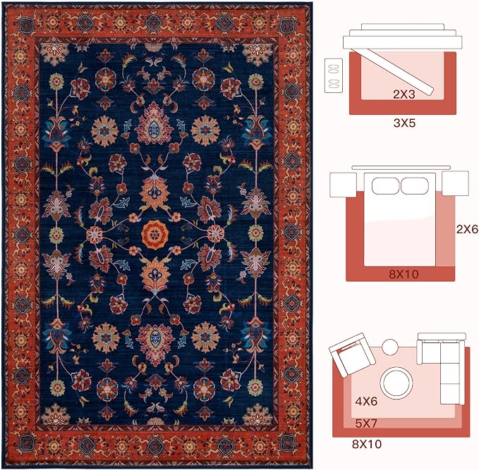 Tangsoo Floral Area Rug 5x7 Machine Washable Red Blue Rug Non-Slip Vintage - Image 2