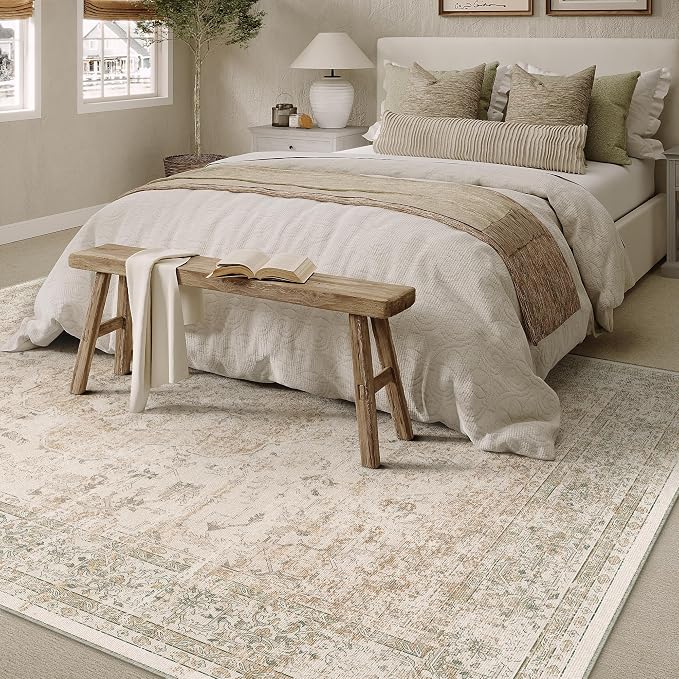 PureCozy 5x8 Washable Area Rug Beige Vintage Distressed Living Room Carpet - Image 6