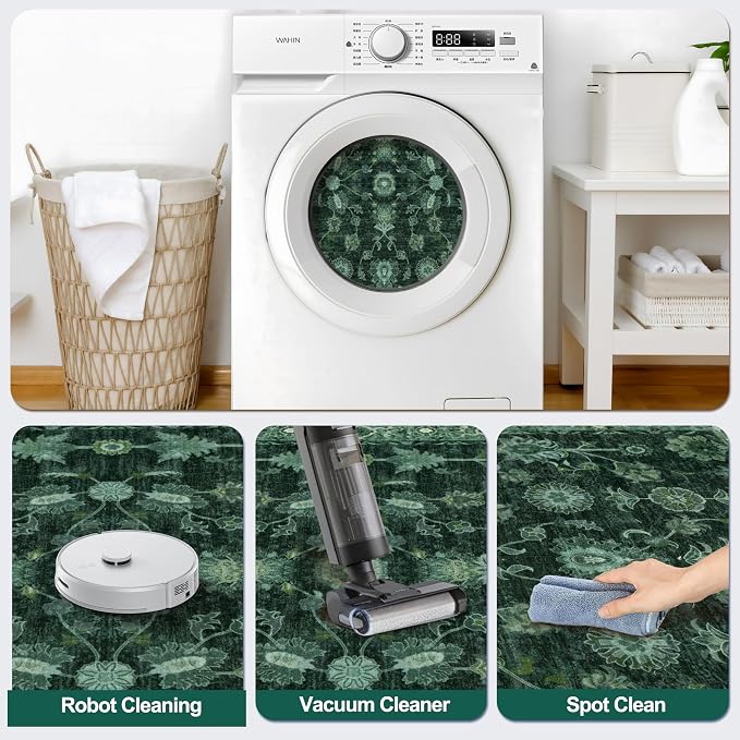 Tangsoo 5x7 Green Area Rug for Bedroom Living Room, Washable Vintage Floral Rug - Image 3