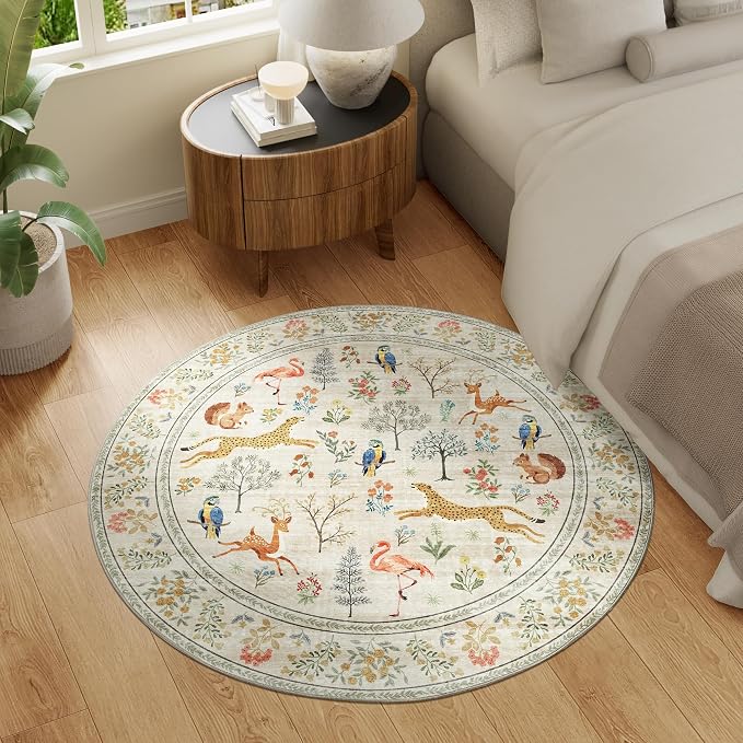 DUKINO 4ft Round Rug, Washable Round Area Rug, Non Slip Indoor Low Pile Animal - Image 3