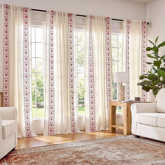 jinchan Boho Curtains for Bedroom Red Vintage Floral Farmhouse Curtains 63 Inch - Image 2