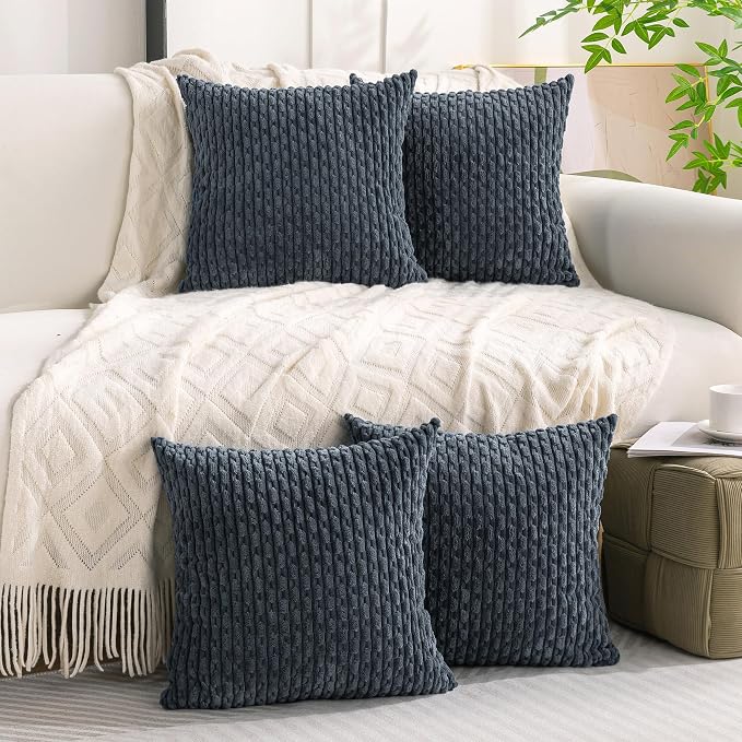 Set of 4 Grey Blue Decorative Throw Pillow Covers 22x22 Inch Corduroy Pillow - Image 2