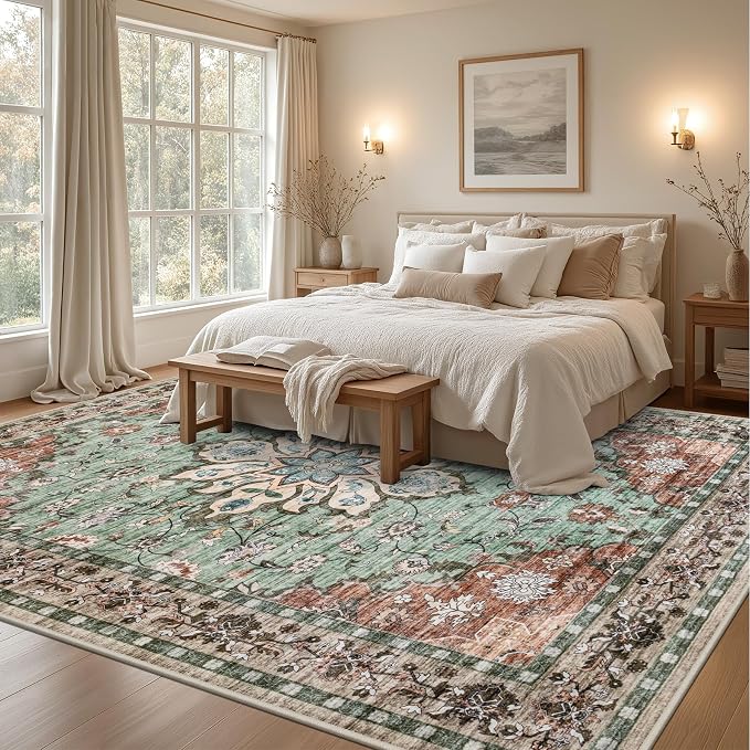 Area Rugs 9x12 Living Room Rug: Washable Rug Soft Vintage Distressed Floral - Image 4