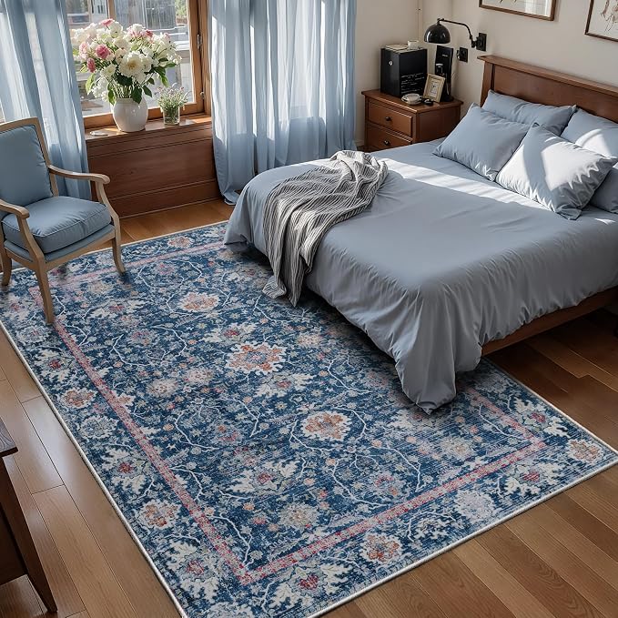Tangsoo 5x7 Area Rug for Living Room Non Slip, Washable Vintage Blue Floral Rug - Image 2