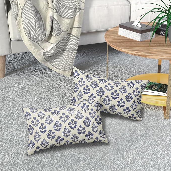 Navy Blue Floral Pillow Covers 12x20 Inch Set of 2, Block Print Lumbar Flower - Image 7