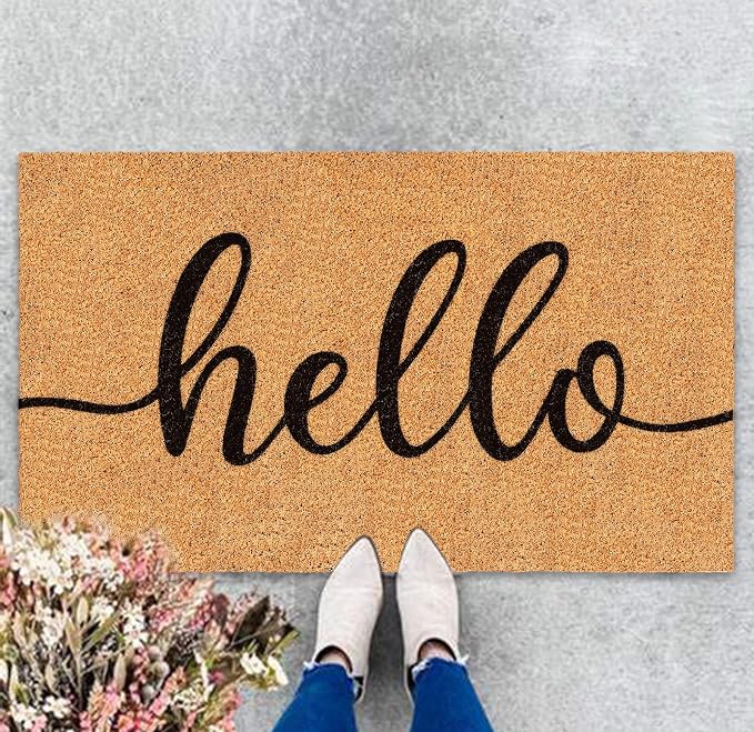 JarThenaAMCS Hello Door Mat Welcome Natural Coir Door Mat Farmhouse Floor Mat by JarThenaAMCS