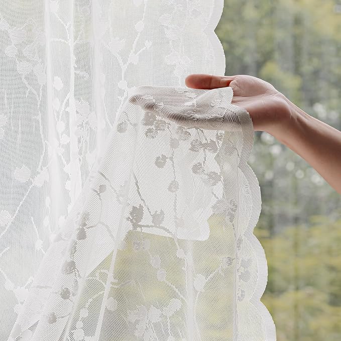 Rinwoc White Lace Semi-Sheer Kitchen Valance Curtains – Vintage Floral Lace - Image 8