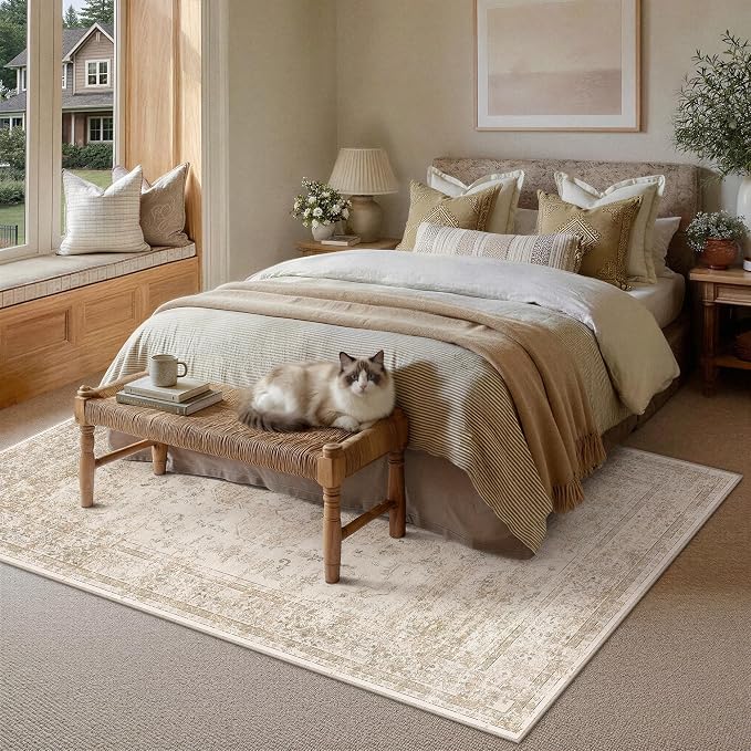 PureCozy 5x7 Washable Area Rug Beige Vintage Distressed Rug - Image 2