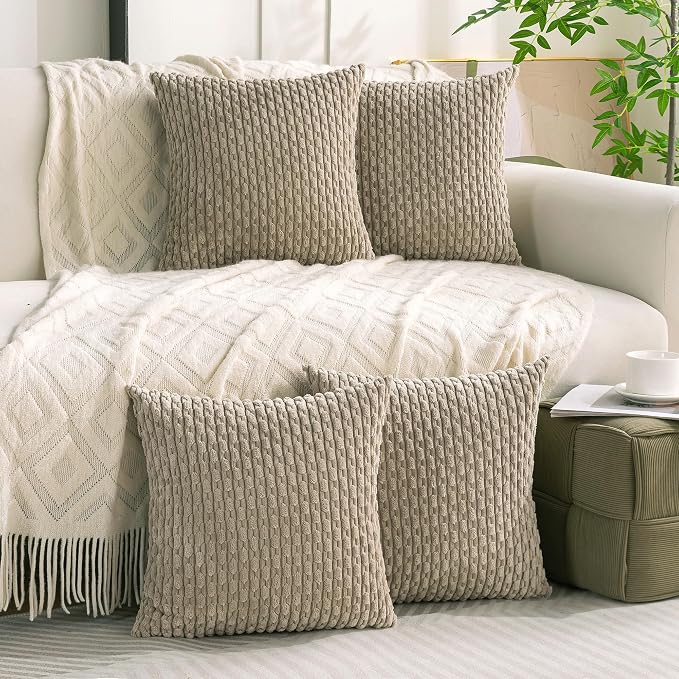 Set of 4 Taupe Decorative Throw Pillow Covers 24x24 Inch Corduroy Pillow Covers - Image 2
