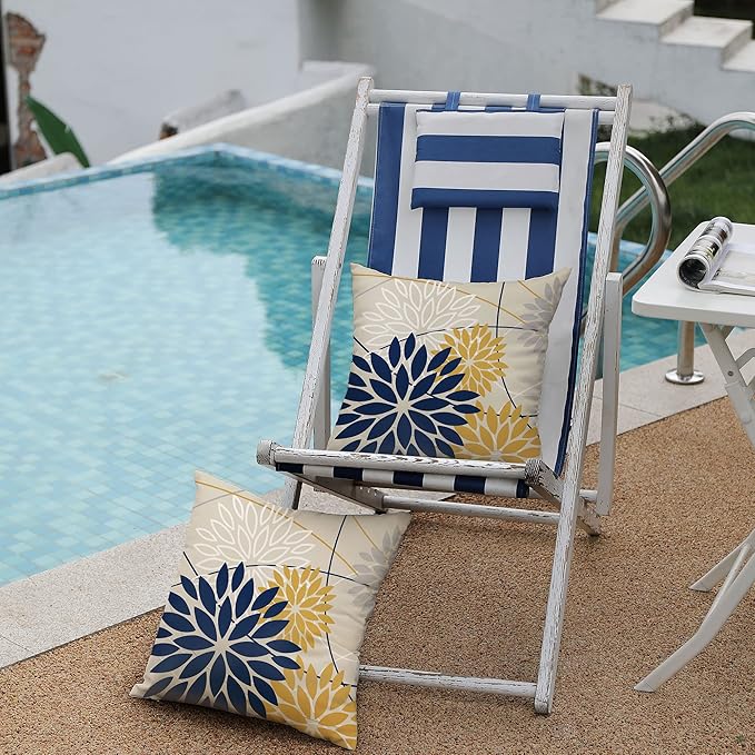Outdoor Pillow Covers 18x18 Inch Set of 2 Navy Blue Yellow Outdoor Waterproof - Image 4