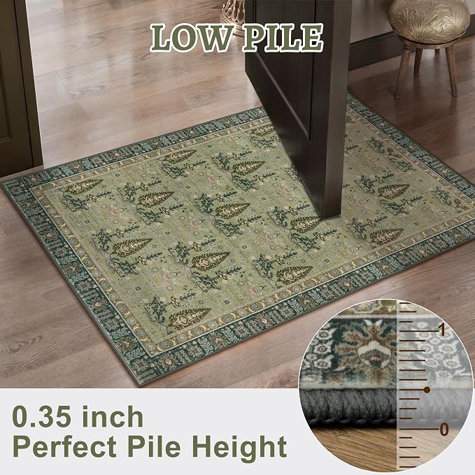 Tangsoo 2x3 Small Washable Entry Rug, Vintage Boho Green Floral Rug - Image 4