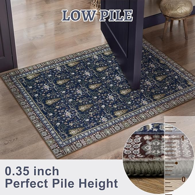Tangsoo Washable Area Rugs 3x5 Non Slip, Boho Vintage Blue Floral Throw Rug - Image 3