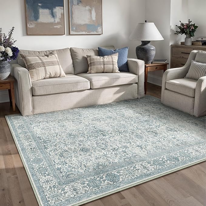 PureCozy Blue Area Rug 4x6 Washable Office Entryway Carpet Soft Vintage Indoor - Image 2