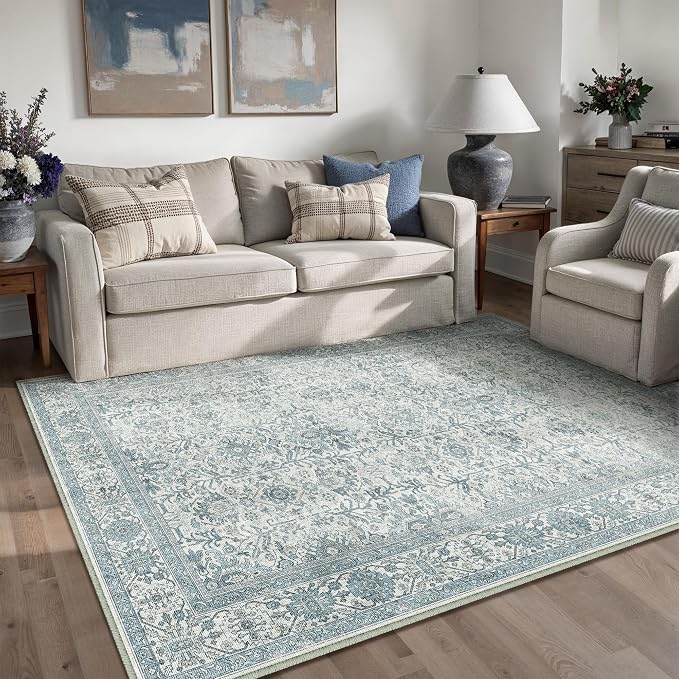 PureCozy Area Rug 5x7 Blue Washable Living Room Carpet Soft Non Slip Vintage - Image 2