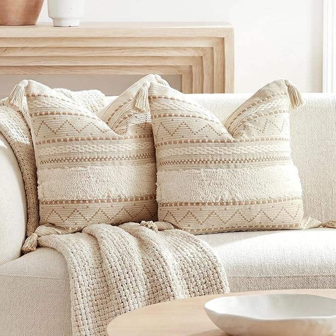 BlissBlush Decorative Throw Pillow Covers 20x20 Combo Set of 2 Square Cream by BlissBlush