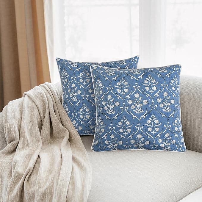 Ridhi Block Print Cornflower Blue Pillow Cover 16" x 16" Decorative Couch - Image 2