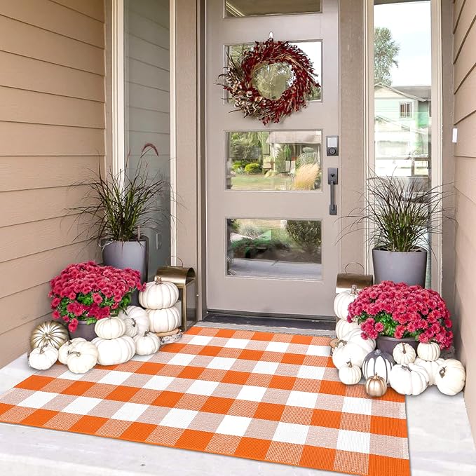IOHOUZE Fall Buffalo Plaid Check Rug Outdoor Doormat 3x5 Ft Washable Woven by iOhouze