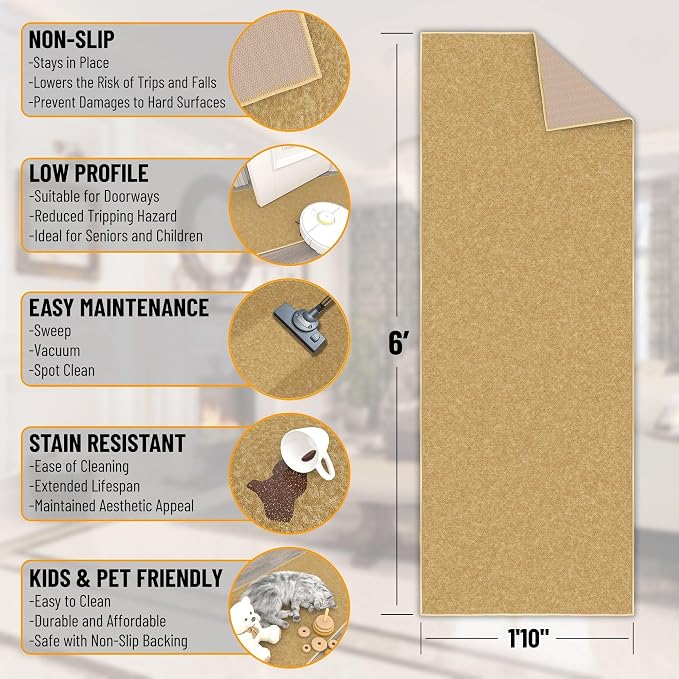 Ottomanson Hallway Runner Rug 1'10" x 6' Non Slip Solid Area Rugs Easy to Clean - Image 2