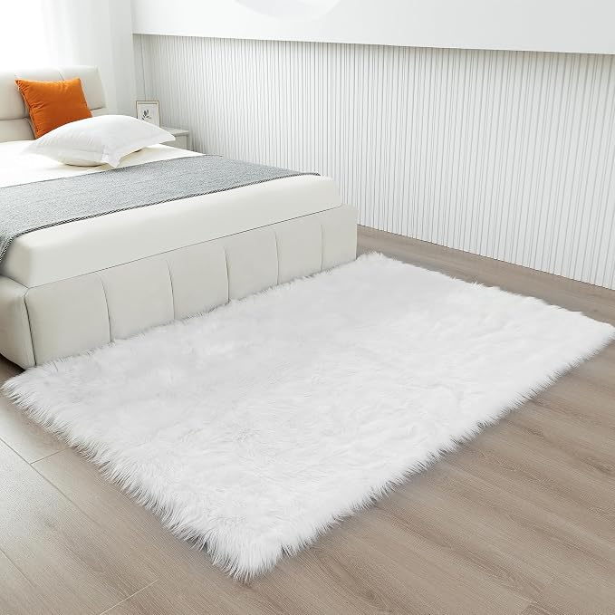 Fluffy Faux Fur Rug White Sheepskin Area Rug, 4x6 Ft Ultra Soft Shaggy Plush Rug - Image 5