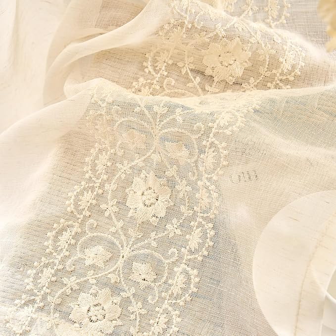 jinchan Weslie Beige Floral Sheer Curtains - Image 5