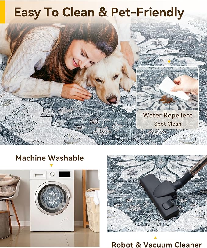 Area Rugs 8ft Washable Non-Slip, Floral Vintage Distress Print Pattern - Image 5