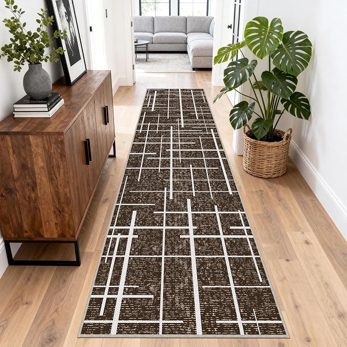 Non Slip Hallway Runner Rug 2x8, Modern Distressed Stripe, Washable Long Rug by TTelephant