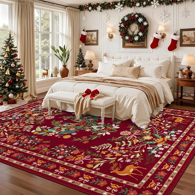 8x10 Area Rugs Living Room Rug: Christmas Washable Rug Floral Soft Carpet - Image 2
