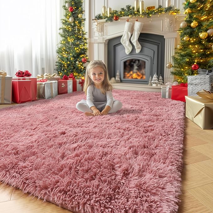 Amdrebio Blush Pink Area Rugs for Girls Bedroom Kids Room, 5x7 Fuzzy Furry by Amdrebio