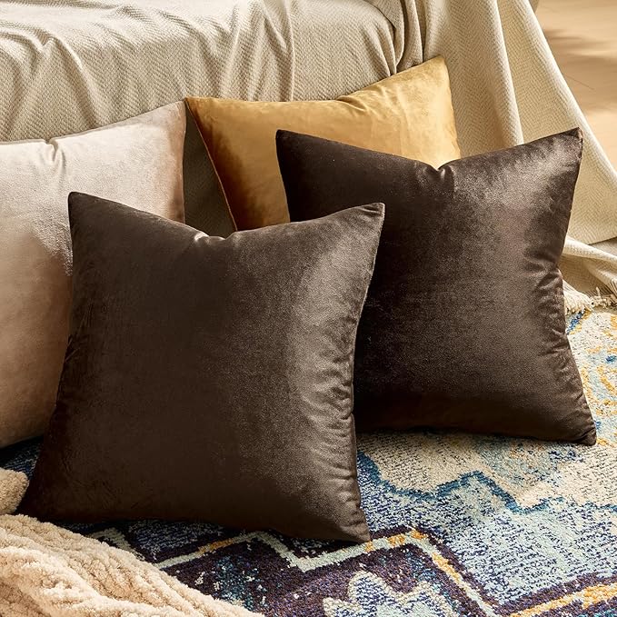 GIGIZAZA Brown Velvet Pillow Covers 18x18, Square Solid Throw Pillow Covers - Image 2