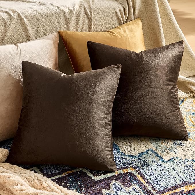 GIGIZAZA Brown Velvet Pillow Covers 24x24, Square Solid Throw Pillow Covers - Image 2