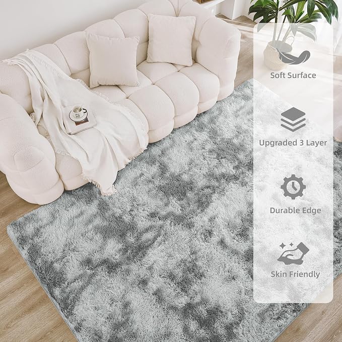 Litanika 4x6 Shag Area Rug for Living Room Bedroom, Tie-Dyed Light Grey High - Image 4